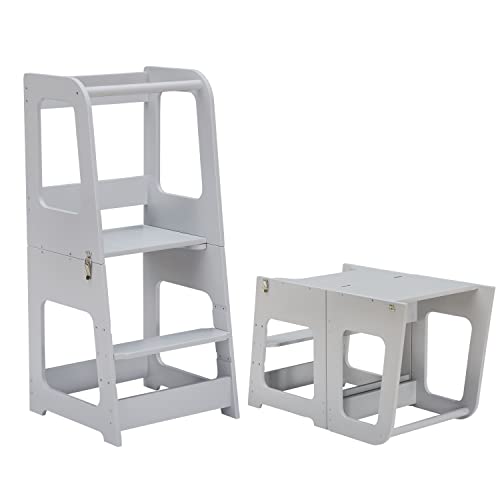 KYWAI® Torre de aprendizagem dobrável de madeira, torre de aprendizagem dobrável Montessori 2 em 1 descapotável em mesa e cadeira, assistente de cozinha de madeira, design exclusivo e elegante