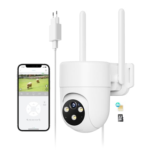 NUASI 4G LTE Câmara de vigilância exterior com cartão SIM, 360° PTZ câmara IP com detecção humana AI e visão noturna colorida, áudio bi-direcional e gravação 24/7 cartões 32 GB
