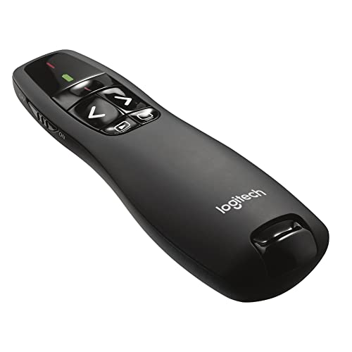 Logitech R400 Apresentador sem fios com recetor USB, ponteiro laser digital vermelho, distância de 15 m, 6 botões, controlos intuitivos, indicador de bateria, compatível com PC, preto