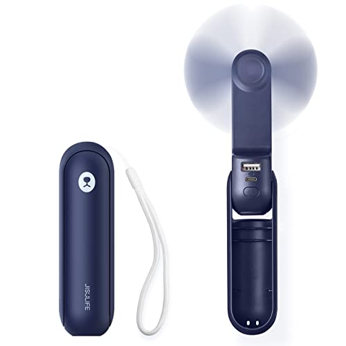 JISULIFE Mini ventilador de mão, ventilador de mão portátil, com pilhas [14-21 horas], ventilador pessoal dobrável recarregável por USB silencioso, banco de energia, lanterna - azul