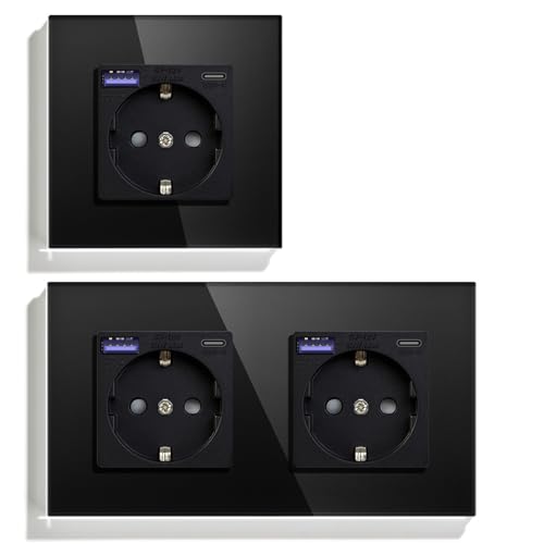 BSEED Schuko USB C 20 W Pack, 1 x 1 gangue tomada + 1 x 2 gangue tomada, tomada de alimentação USB tipo C com painel de vidro, tomada de energia recarregável para telemóvel, tablet, MP3, preto