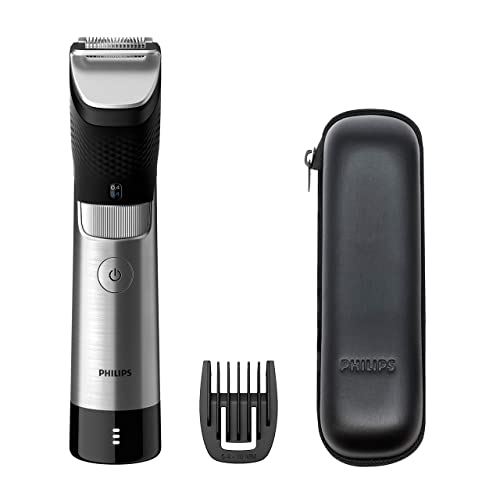 Philips Aparador de barba série 9000 para homem, 30 posições de comprimento, sensor Power Adapt, impermeável, lâminas de aço, sem fios, 120 min de autonomia, capa, BT9810/15, prateado