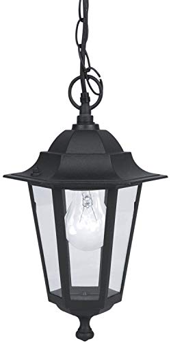 EGLO Candeeiro suspenso de exterior laterna 4, candeeiro de exterior de 1 foco, luz pendente de alumínio fundido e vidro, cor preta, suporte de lâmpada E27, IP44