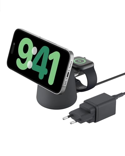 Belkin BoostCharge Pro Carregador sem fios 2 em 1, com Qi2 de 15 W, estação de carregamento com MagSafe para iPhone Series 17, iPhone Air, 16, Apple Watch, AirPods e outros, fonte de alimentação