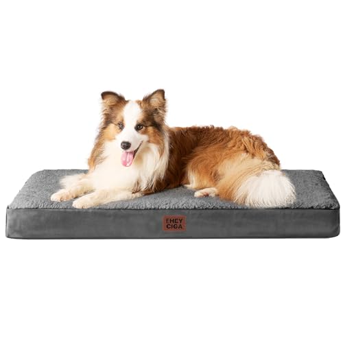 EHEYCIGA Cama cães extra grande ortopédica, 104 x 69 x 9 cm, colchão cão com espuma de caixa de ovos, tapete de cão lavável para gaiola, Dog Bed, cinzento