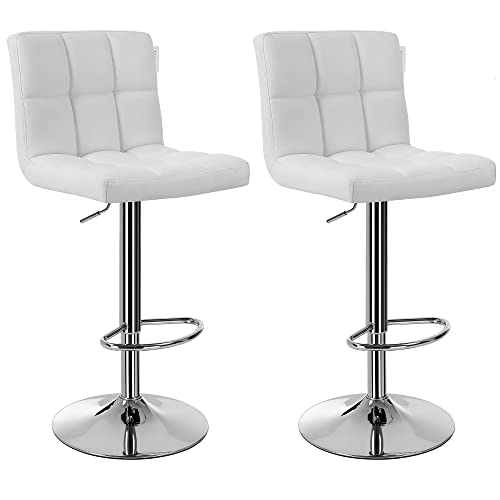SONGMICS Banqueta de bar conjunto de 2, cadeiras de bar reguláveis em altura em pele sintética, banco de cozinha giratório em 360° com encosto e apoios para os pés, aço cromado, branco LJB64W