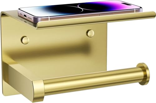 Tindbea Porta-rolos de papel higiénico com prateleira para telemóvel, suporte de rolos de papel higiénico de montagem na parede, autocolante ou parafuso à prova de óxido de aço inoxidável (ouro