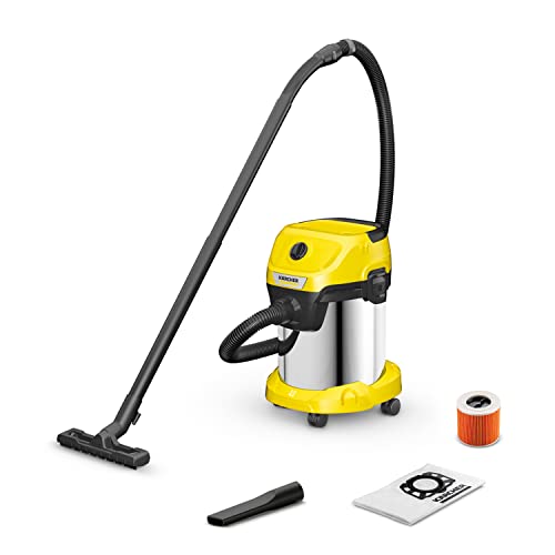Kärcher Aspirador a seco e húmido WD 3 S V-17/4/20, tomada, filtro cartucho, filtro de feltro, 1000 W, depósito de aço inoxidável 17 l, mangueira de vácuo: 2 m, cabo: 4 m, função de sopro