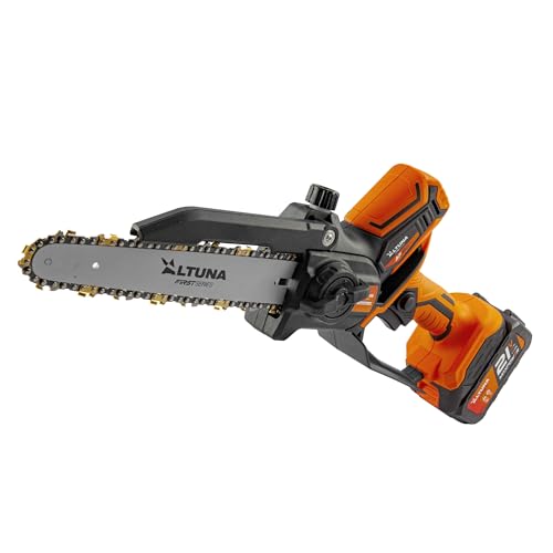Altuna - Motosserra a bateria com corrente de titânio auto-lubrificante, motor Brushless de 1000 W, corte 180 mm, inclui 2 baterias 4 Ah - leve e compacta, com mala protetora e óculos de proteção