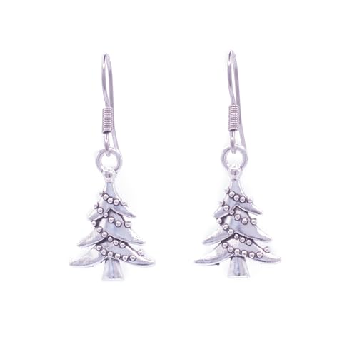 ZARZAMORA Pendientes Árbol de Navidad - Colgante Chapado en Plata Tibetana acabado Antiguo y Gancho Hippie en Acero Inoxidable Plateado - Regalo Original
