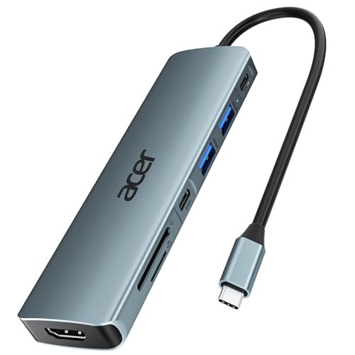 acer Hub USB C, Docking Station USB C 7 em 1, adaptador HDMI para USB C, 2X USB 3.0 e USB C 5Gbps, USB C a HDMI 4K@30Hz, PD 100W, leitor de cartões SD/TF, compatível com iOS, Android, PC e portáteis