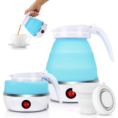 Chaleira de água portátil para campismo 600 ml, EUBSWA chaleira de água dobrável, mini chaleira elétrica de silicone para campismo, viagens, exterior (azul)