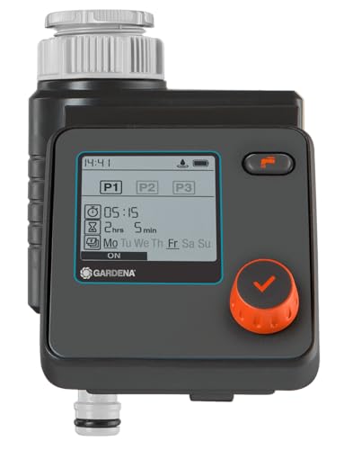 Gardena 1891-20 Programador de rega Select rega automática e em pouco tempo, 3 programações para rega flexível, função Water Now, cor preto/cinzento/laranja