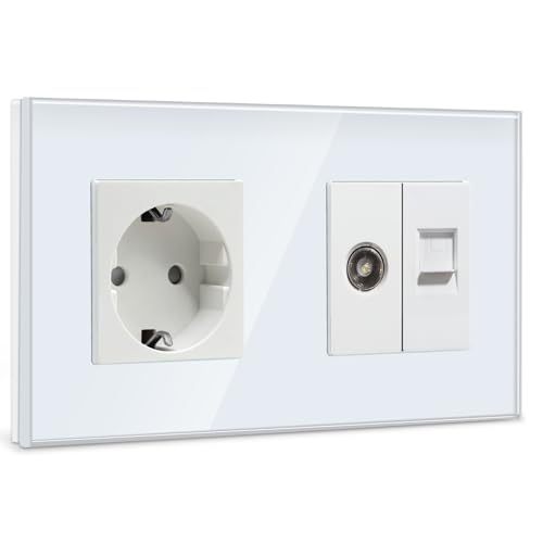 BSEED Tomada de parede com 1/2 PC+ TV, antena de TV coaxial e ethernet RJ45 Cat5e, chuko tomada com painel de vidro, tomada de corrente branca, tomadas de extensão para cozinha, quarto