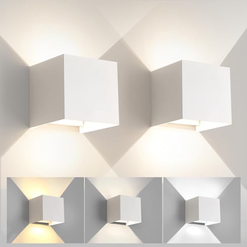 2 peças aplique de parede exterior interior luz ajustável de 3 cores LED candeeiros de parede moderno branco 15 W IP65 impermeável apliques de exterior quadrada de alumínio ângulo de luz ajustável 11