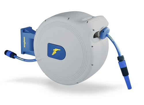Goodyear - Enrolador de mangueira automático de 30 m, montagem na parede giratória a 180°, pressão 8 bar, mangueira anti-torção e UV, conectores rápidos de ½" e ¾"