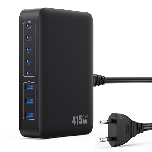 Carregador USB C múltiplo de 415 W, GAN IV 8-Port USB Charger carregamento rápido com PD duplo 100 W, QC PPS alimentador USB múltiplo carregador tipo C para MacBook Air/Pro, iPhone, iPad Pro, Samsung