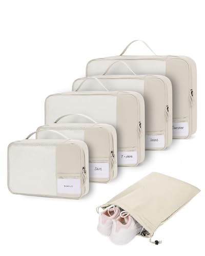 ECOHUB Organizador de malas de 6 peças, organizador de viagem com etiqueta, cubos de embalagem reciclados para mochilas, organizadores de embalagem de bagagem de malha antiderrapante (bege)
