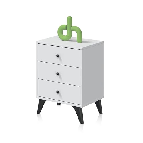 duehome | Mesinha de cabeceira 3 gavetas, mesa de cabeceira, modelo Iconic, acabamento em branco Artik e preto, medidas: 40 cm (comprimento) x 33,5 cm (fundo) x 56 cm (altura)