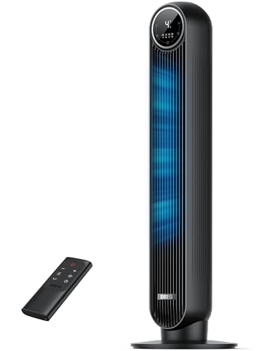 Dreo 20 dB Ventoinha de pé silenciosa, ventiladores de torre com velocidade de 7,6 m/s, 4 velocidades, rotação de 90 °, temporizador de 8 horas, ecrã LED e controlo remoto incluído. Preto