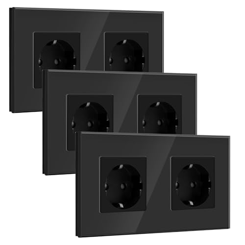 BSEED Tomada dupla Schuko 2 Gang 3 pacotes, tomada de parede 16A com placa de vidro 157 * 86 mm, preto