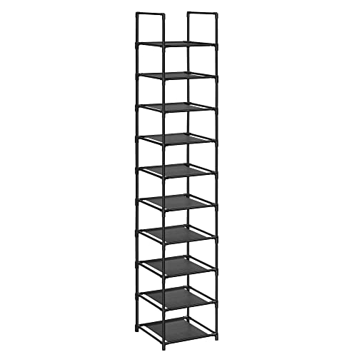 SONGMICS Sapato de entrada recebedora com 10 prateleiras, sapato que economiza espaço, 33 x 33 x 173 cm, estrutura de metal, prateleiras de tecido não tecido, corredor, quarto, preto LSR110B02