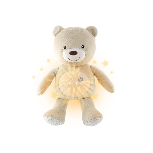 Chicco Baby Bear urso primeiros sonhos de pelúcia, ursinho projetor de luzes com efeitos luminosos, melodias relaxantes e luz noturna – peluche para bebés recém-nascidos, cor bege