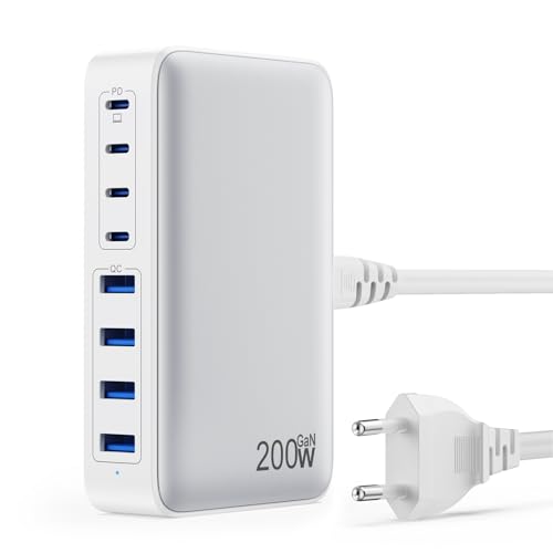 Carregador USB C múltiplo de 200 W, GAN III 8-Port USB C carregador portátil PD QC PPS carregamento rápido, 65 W adaptador portátil compatível com MacBook Air/Pro, iPhone, iPad Pro, Samsung Galaxy -