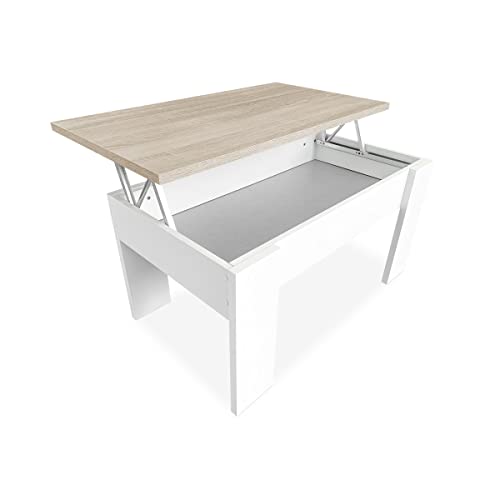 Duérmete Online, Mesa de centro elevável, mesa de sala de estar ou de jantar, acabamento em cor branca com tampa de cambria, medidas, 90 cm (largura) x 50 cm (fundo) x 46, 57 cm (altura), madeira, 90