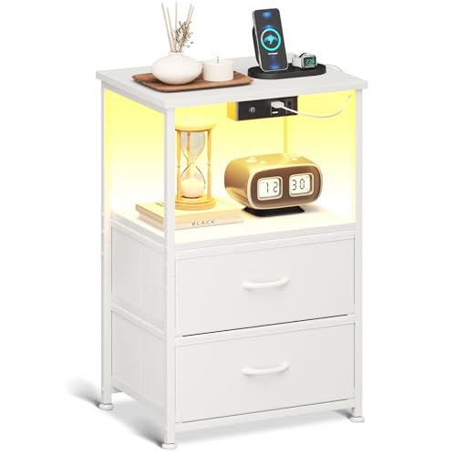 Coleshome Mesas de cabeceira, com tomada, 2 portas USB e faixa de luzes LED, mesa de cabeceira com 2 gavetas de tecido e 1 espaço de armazenamento, 40 x 30 x 60 cm, 1 embalagem