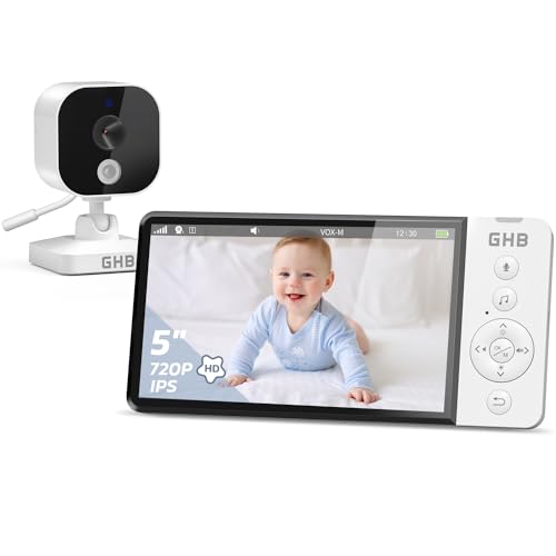 GHB Câmara de vigilância para bebé 5" 720 P HD monitor para bebés com câmara com ecrã IPS de 5000 mAh, visão noturna, comunicação bidireciona ouvir bebés