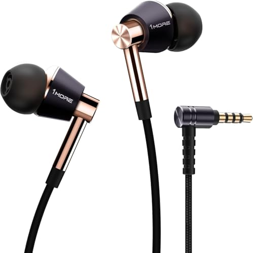 1MORE Triple-Driver HiFi auriculares In-ear Hi-Res áudio com cabo integrado de controlo remoto e microfone para iPhone e Android telemóveis, E1001 dourado