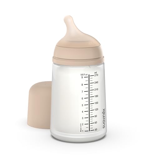 Suavinex, Biberão anticólico zero zero com cetina de fluxo médio (M) de silicone, babete para bebés + 3 meses, recomendado para amamentação, leite materno e de fórmula, 270 ml, luz
