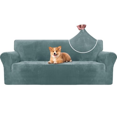 CYCMACO Veludo capa sofá 3 lugares ajustável e elástica, capa de sofá antiderrapante anti-manchas, protetor universal Couch Cover com apoios de braços, lavável, cinzento azul