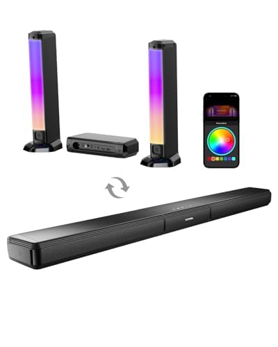 ULTIMEA Barra de som de 5,0 ch TV, barra de som PC com RGB para cinema em casa, soundbar removível com controlo de aplicativo, barra de som Bluetooth 5.3, HDMI-ARC/Opt/AUX, montagem na parede, Apollo