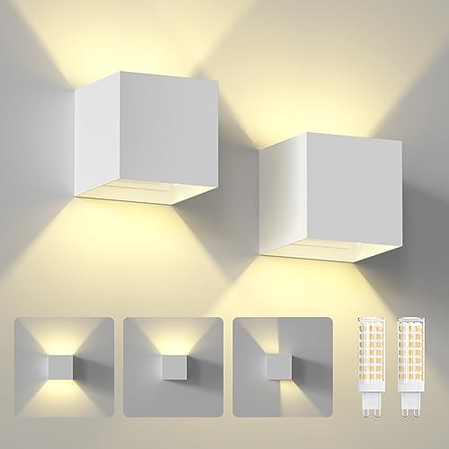 2 peças aplique exterior parede 7 W candeeiro de parede LED, com feixe de luz ajustável, candeeiro de parede IP65 preto, com lâmpada LED G9 substituível, capa branca