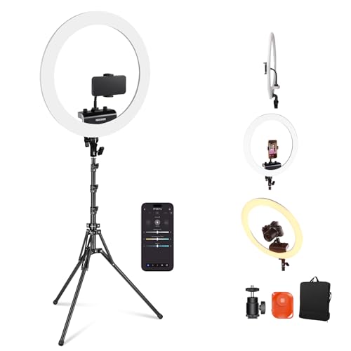 NEEWER Aro luz profissional com suporte e suporte para telemóvel, 18 polegadas ultra-fino, 45 W 2900 K-7000 K TLCI98, obturador remoto e APP controlo, iluminação mais suave para maquilhagem ao vivo