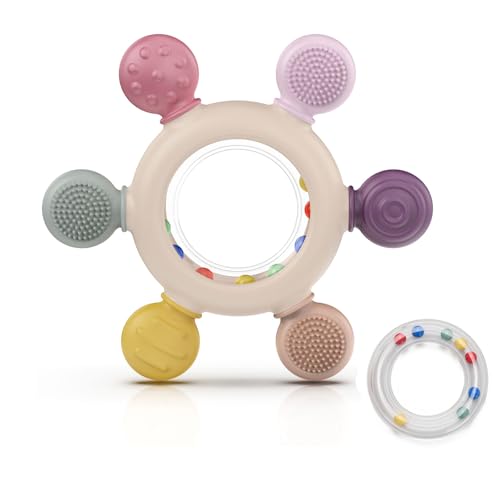 akolik Mordedor de bebé, chocalho de silicone para bebé, brinquedo de dentição de remo, brinquedo agarrar, acessório de enfermagem para dentição sem BPA para bebés com mais de 0 3 6 9 meses