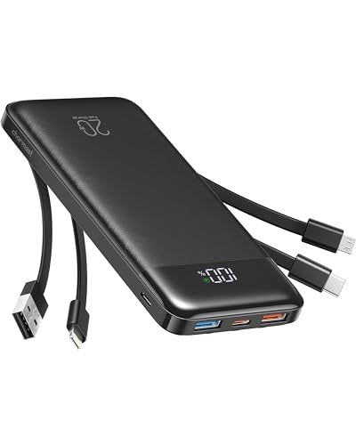 Charmast Power Bank 20000 mAh Bateria portátil USB com cabos bateria externa USB C carregamento rápido PD 20 W Powerbank com ecrã LED para iPhone, amsung, iPad, Tablet, Airpods etc