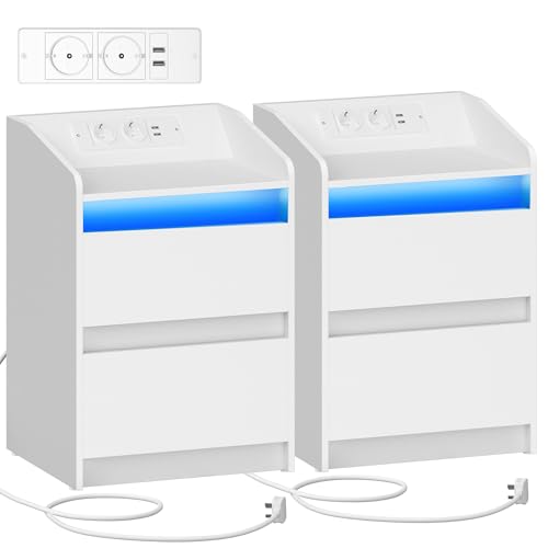 Hzuaneri Mesas de cabeceira conjunto de 2 luzes LED, estação de carregamento e 2 gavetas, mesa auxiliar com portas USB e tomadas de energia, ideal para sala de estar e quarto, branco NS30103X