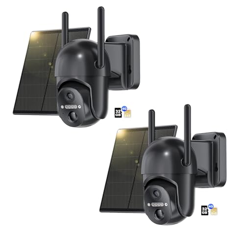 NUASI 4G LTE Câmara de vigilância exterior com SIM【2 unidade: 2K 360° PTZ câmara com painel solar, deteção de movimento PIR, visão noturna colorida, áudio bidirecional, cartão de memória incluído 32