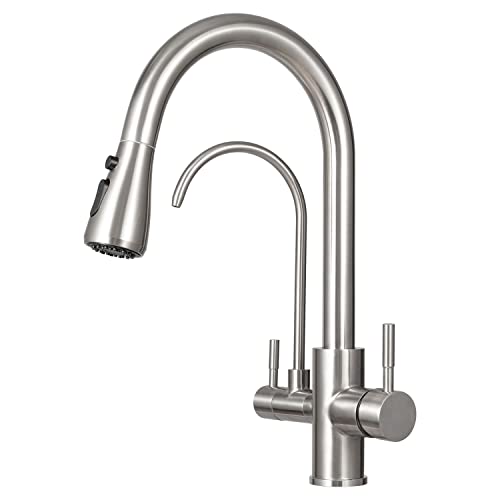 Torneira osmose de 3 vias, torneiras de 3 vias com alcachofra removível, giratória a 360°, torneira lava-loiça, cozinha com duas pegas, filtro, quente e aço inoxidável