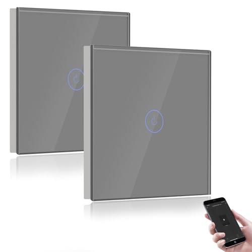 BSEED Interruptor de parede WiFi, interruptor inteligente de 1 gangue de 2 vias com ecrã tátil cinzento, compatível com Alexa e Google Home, controlo de APP e função de temporizador, pacote de 2