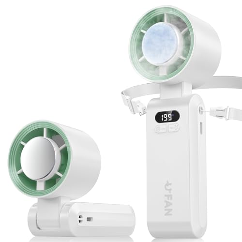 Mini ventilador de mão, função de refrigeração, 5000 mAh, vento forte e turbo ajustável de velocidade (1-199), ventilador de pescoço pequeno dobrável USB para campismo, viagens, casa, escritório