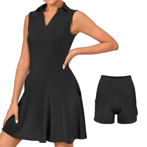 Bezioner Vestido de ténis para mulher, com calções, vestido polo com bolsos, vestido de golfe sem mangas, linha a vestidos atléticos