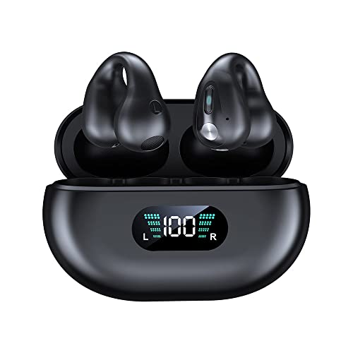 SLuB Auriculares condução oseia, auriculares orelha aberta, desportos com clipe para a orelha, Bluetooth 5.4, som estéreo HiFi, adequado para corrida, fitness (preto)