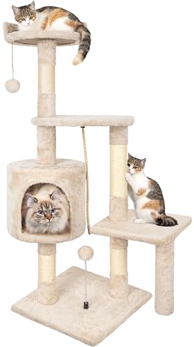Raspador para gatos, Árvore de raspador para gatos de 112 cm e vários níveis estável com 4 postes de sisal, 3 plataformas, 1 cama, torre gatos para brincar e descansar - bege