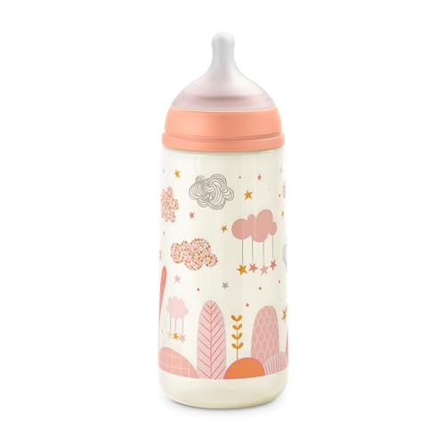 Suavinex, Biberão de 360 ml. Biberão de silicone SX Pro com cetina física, com válvula anticólica. Biberão com étina de fluxo denso (L). Para bebés + 6 meses. Sonhos rosa