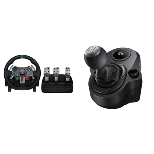 Logitech G G29 Volante e pedais de corrida, Force Feedback, para PS5, PS4, PC e MAC e alavanca de mudanças para volante, 6 velocidades, marcha traseira de pressão, aço e couro genuíno