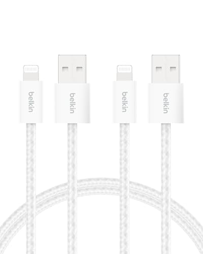 Belkin Pacote de 2 cabos trançados USB-A para Lightning de 1,5 m, carregamento rápido, cabos de alimentação macios e flexíveis para iPhone série 14 e anteriores, iPad de 9.ª geração e AirPods, branco